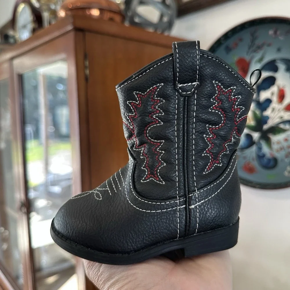 Healthtex Baby Infant Cowboy Boots Soft Black Red Western Zip Hard Sole 4 NEW